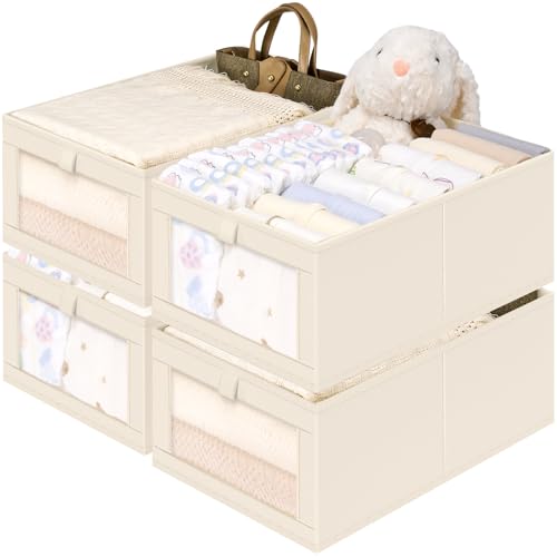 Criusia Linen Closet Organizers and Storage, 4 Pack Linen Closet Baskets with Mesh Window for Organization, Foldable Closet Organizer for Clothing, Towels, Toys, Nursery, Books, Shelves, Beige - Image 1
