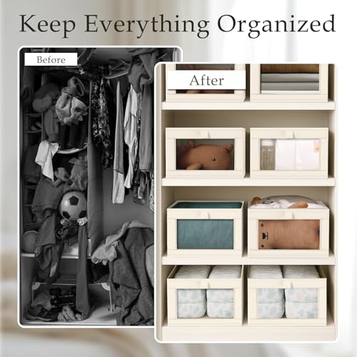 Criusia Linen Closet Organizers and Storage, 4 Pack Linen Closet Baskets with Mesh Window for Organization, Foldable Closet Organizer for Clothing, Towels, Toys, Nursery, Books, Shelves, Beige - Image 2