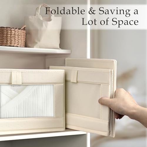 Criusia Linen Closet Organizers and Storage, 4 Pack Linen Closet Baskets with Mesh Window for Organization, Foldable Closet Organizer for Clothing, Towels, Toys, Nursery, Books, Shelves, Beige - Image 5