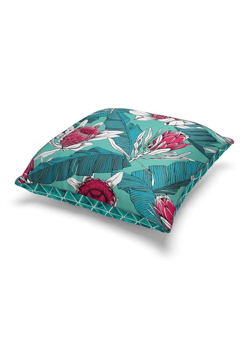 Bianca BIANCA Designer Reversible Printed Silk Linen Cushion Covers -2pc 16 X16 Set (Suzane) | with Contrast Front & Back Digital Print | - Hidden Zipper Floral-Geometric-Coral/Teal  - Image 3