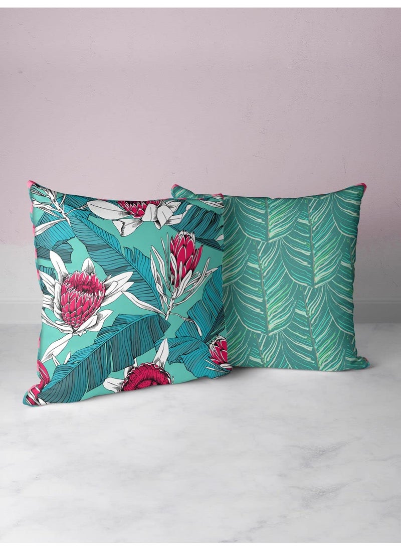 Bianca BIANCA Designer Reversible Printed Silk Linen Cushion Covers -2pc 16 X16 Set (Suzane) | with Contrast Front & Back Digital Print | - Hidden Zipper Floral-Geometric-Coral/Teal  - Image 1