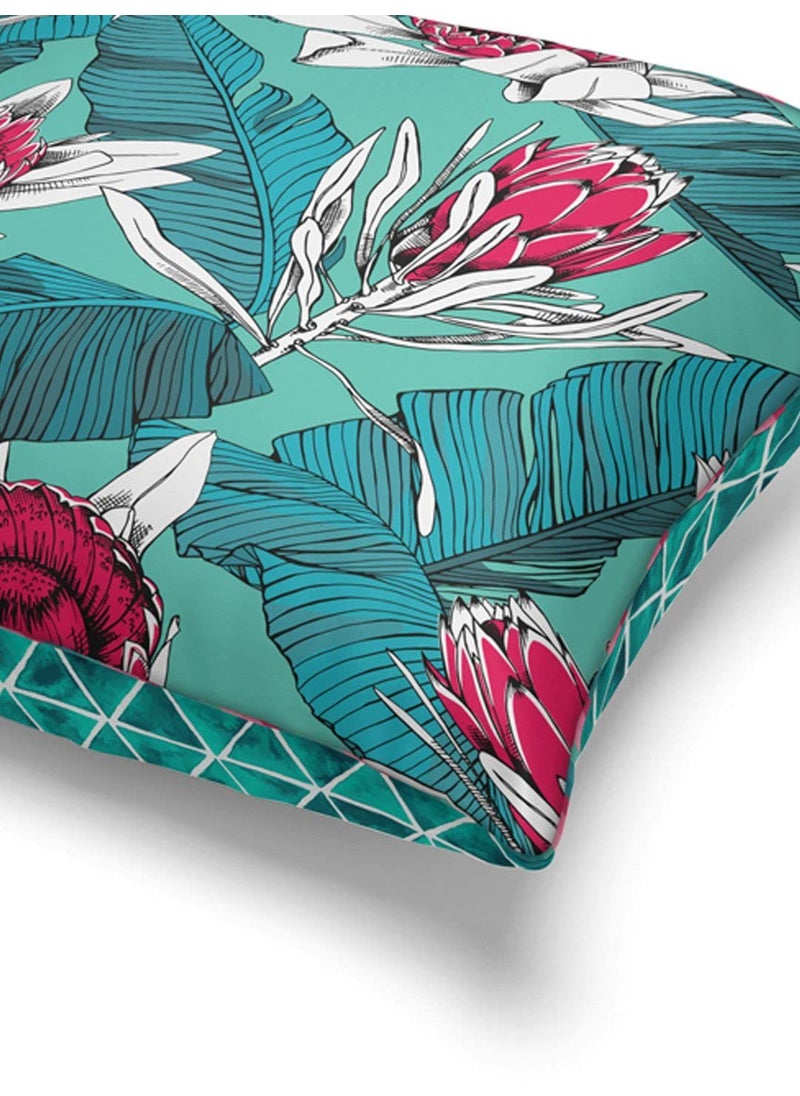Bianca BIANCA Designer Reversible Printed Silk Linen Cushion Covers -2pc 16 X16 Set (Suzane) | with Contrast Front & Back Digital Print | - Hidden Zipper Floral-Geometric-Coral/Teal  - Image 5