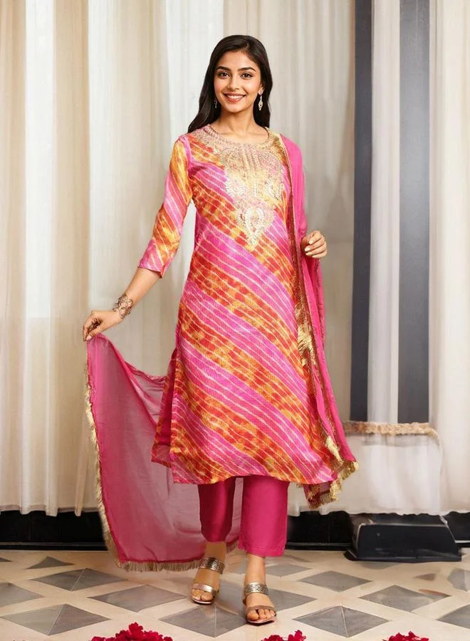 ISHIN Ishin Printed Round Neck A-Line Kurta and Trousers with Dupatta Sets