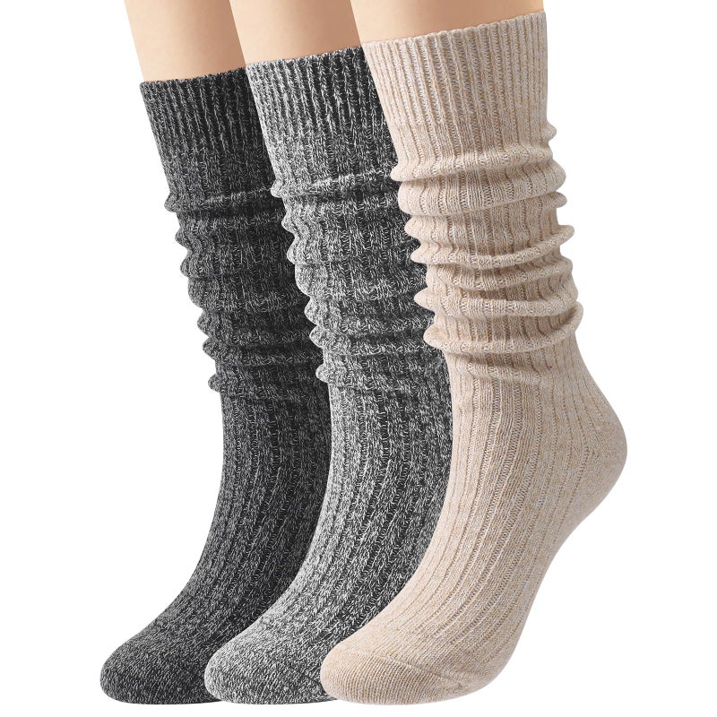 Premillow 3 Pairs Slouch Socks Women, Long Winter Thigh High Boot Scrunch Socks, Warm Soft Slouchy Sock for Women Size 5-11, Black,beige,grey, One size - Image 1