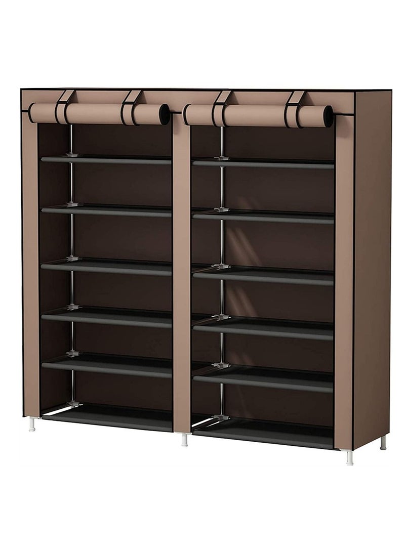 BLOOMING TIME 6 Tiers 12 Lattices Two Door Shoe Rack Shelf Storage Closet Organizer Cabinet Brown 116x30x118cm - Image 2