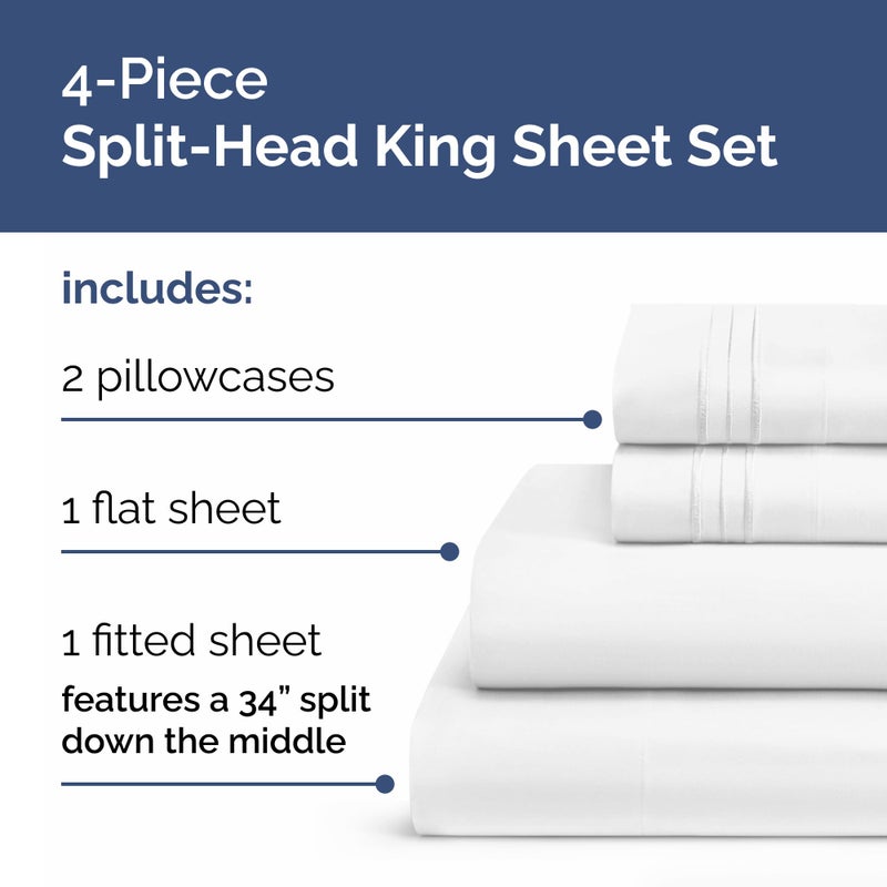 CGK Unlimited Split Head King Sheets Set - Top Split King Sheets for Adjustable Beds  Easy-Fit Split Head King Mattress - Flex Split Top King Sheets  Easy-Fit  Breathable  Deep Pocket Split King Sheets Set - White  - Image 2