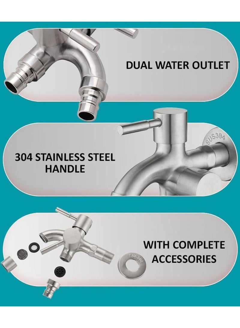 Rubik Double Outlet Faucet Tap G1/2", One IN and two OUT, Multifunctional Stainless Steel Water Tap Double Bibcock Outdoor Garden Washing Machine Mop - Image 2
