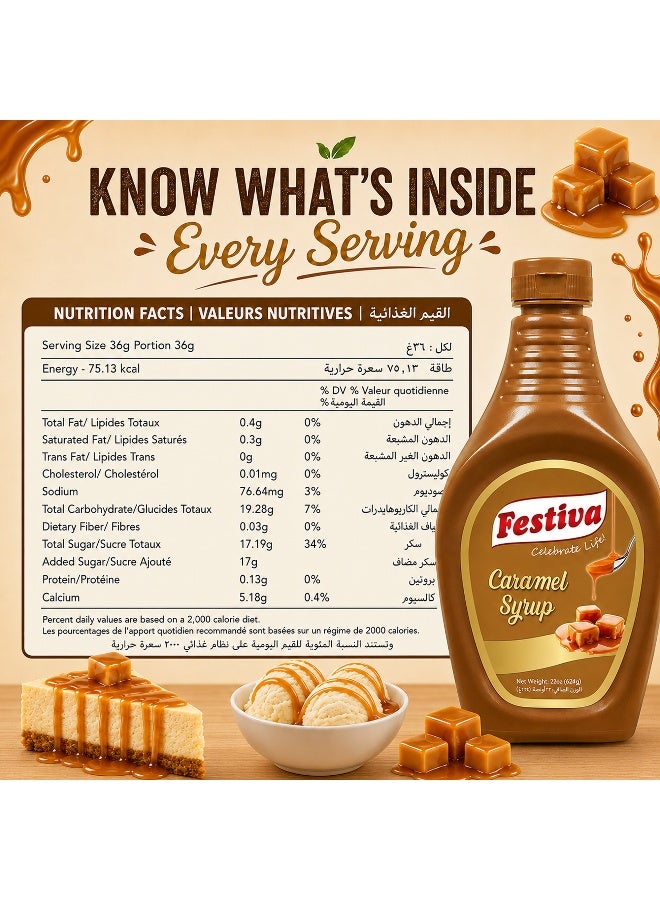 Festiva Caramel Syrup 624g - Dessert Topping Sauce for Ice Cream, Pancakes, Waffles and Milkshakes - Smooth Caramel Drizzle Syrup - Image 2