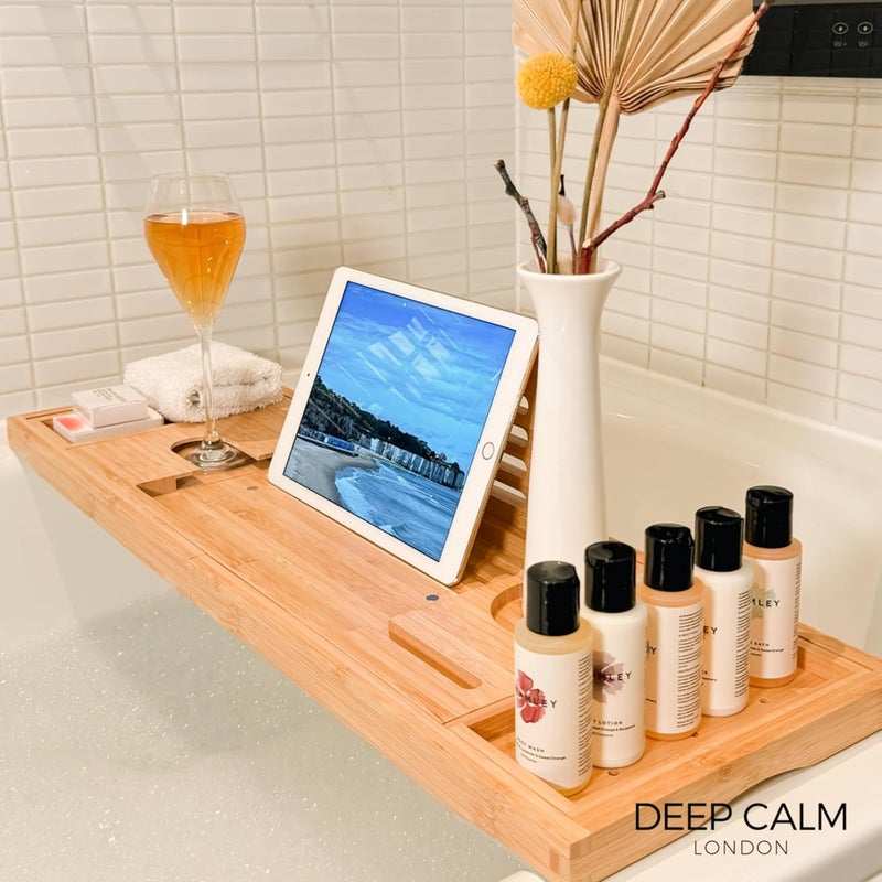 Deep Calm Bathtub Tray Caddy - Bamboo Expandable Bath Tub Table, Bath Tray Holds All Bathtub Accessories, Perfect Luxury Relaxing Gift for Self Care - Image 5