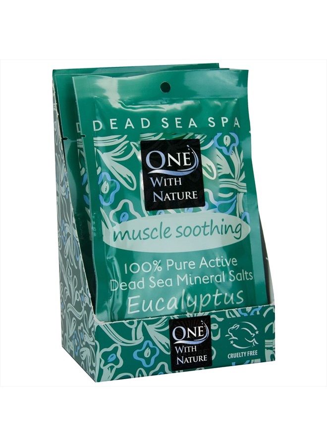 ONE WITH NATURE 100% Pure Dead Sea Mineral Bath Salt Eucalyptus 6 Pk, 2.5 oz Single Use Packets with Magnesium, Sulfur and 21 Essential Minerals. for Eczema, Psoriasis and All Skin Types. Natural, Therapeutic. - Image 1