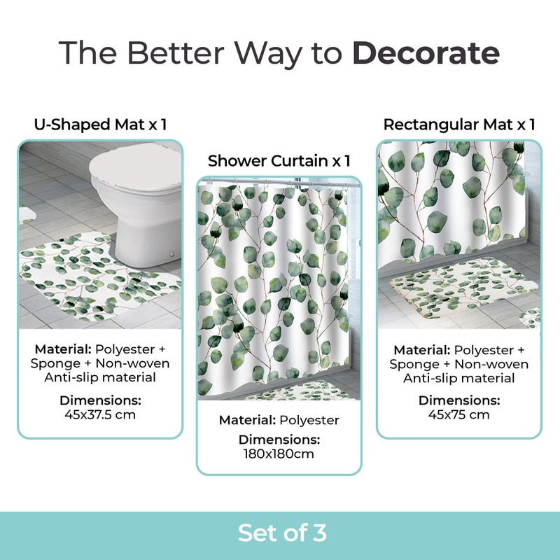 The Better Home Shower Curtain & Bathroom Mat Set (3pc) | 6 Ft Shower Curtains for Bathroom| U-Shaped Anti Skid Mat for Bathroom Floor | Non Slip Mat for Bathroom | Mold Resistant | Leaf Pattern - Image 4