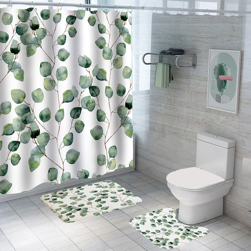 The Better Home Shower Curtain & Bathroom Mat Set (3pc) | 6 Ft Shower Curtains for Bathroom| U-Shaped Anti Skid Mat for Bathroom Floor | Non Slip Mat for Bathroom | Mold Resistant | Leaf Pattern - Image 1