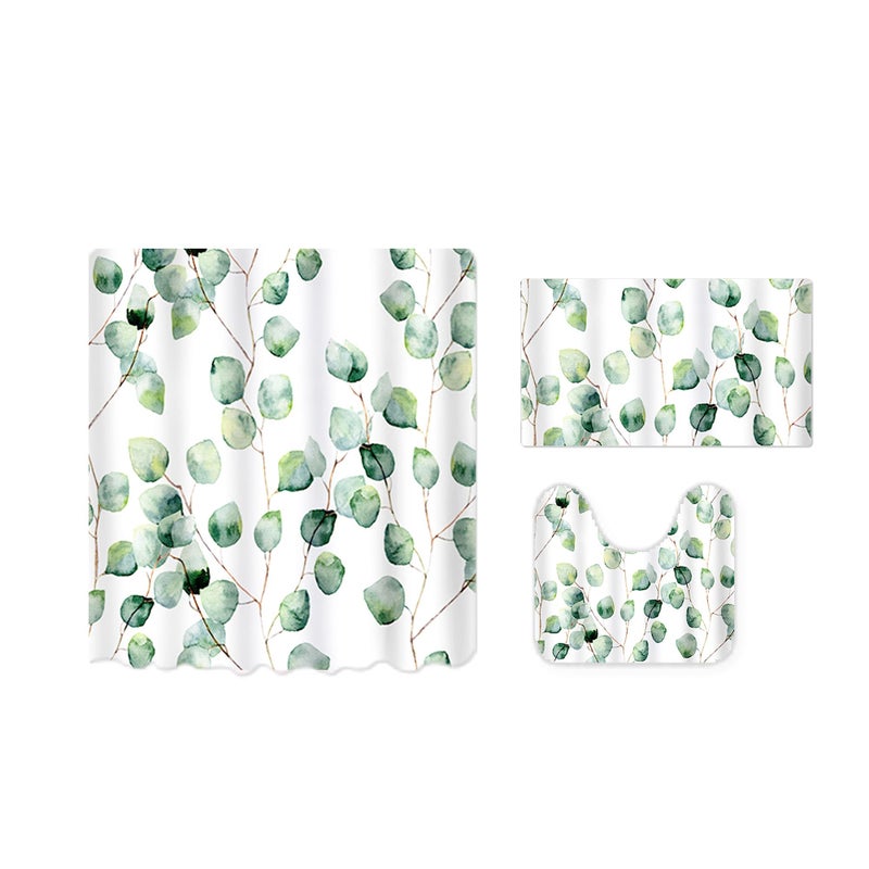 The Better Home Shower Curtain & Bathroom Mat Set (3pc) | 6 Ft Shower Curtains for Bathroom| U-Shaped Anti Skid Mat for Bathroom Floor | Non Slip Mat for Bathroom | Mold Resistant | Leaf Pattern - Image 2