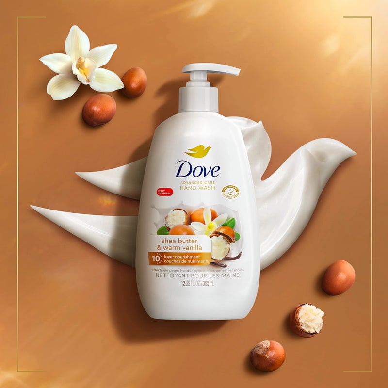 Dove غسول يد دوف للعناية المتقدمة زبدة الشيا والفانيليا الدافئة 4 قطع لبشرة ناعمة وسلسة، مرطبات أكثر من صابون اليد العادي الرائد، 12 أونصة - Image 2