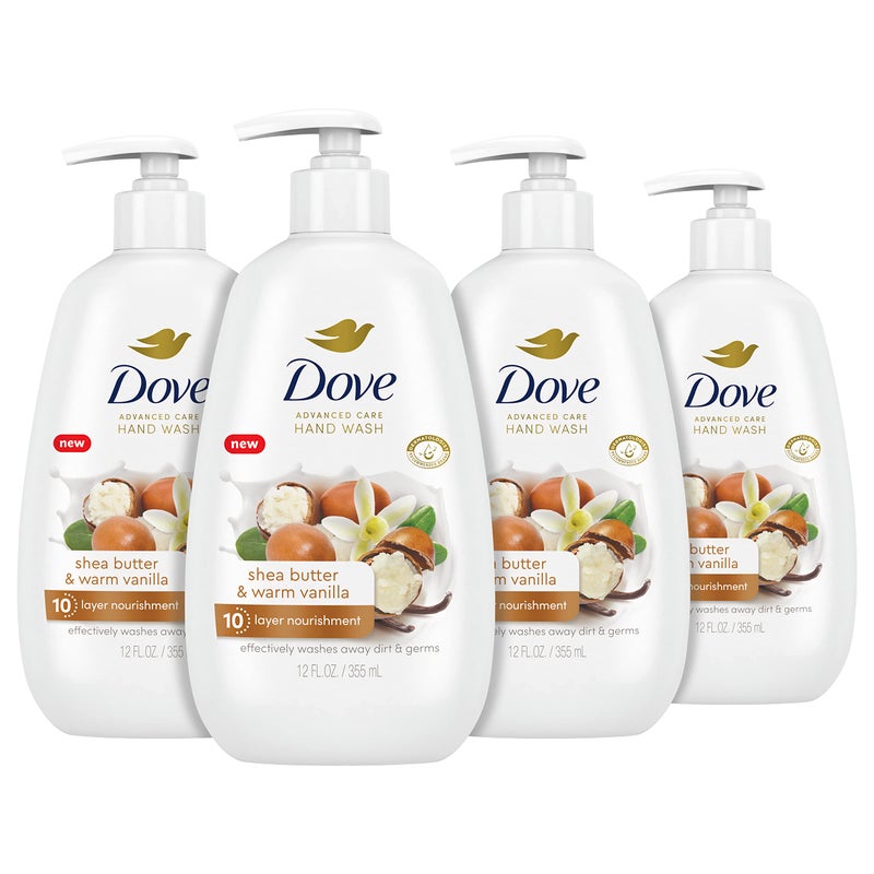 Dove غسول يد دوف للعناية المتقدمة زبدة الشيا والفانيليا الدافئة 4 قطع لبشرة ناعمة وسلسة، مرطبات أكثر من صابون اليد العادي الرائد، 12 أونصة - Image 1