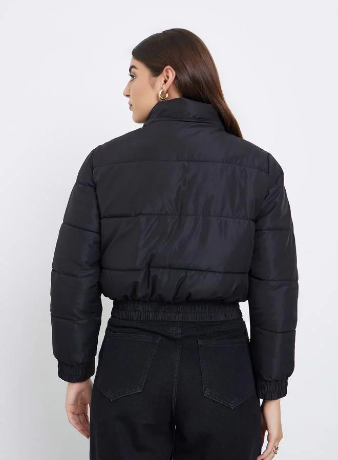 Styli Black Regular Fit Short Length Hooded Padded Jacket with Faux Fur Detail