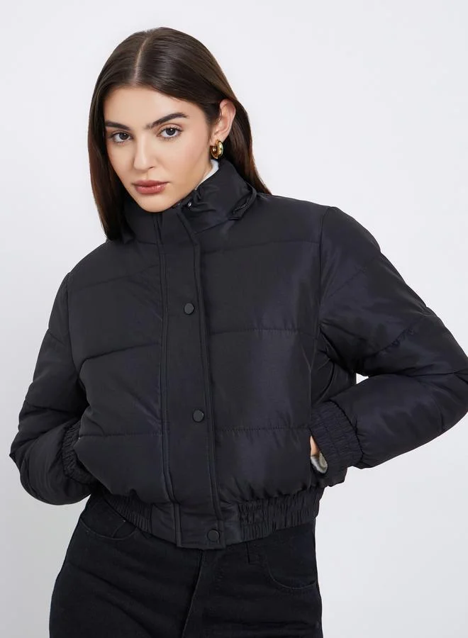 Styli Black Regular Fit Short Length Hooded Padded Jacket with Faux Fur Detail