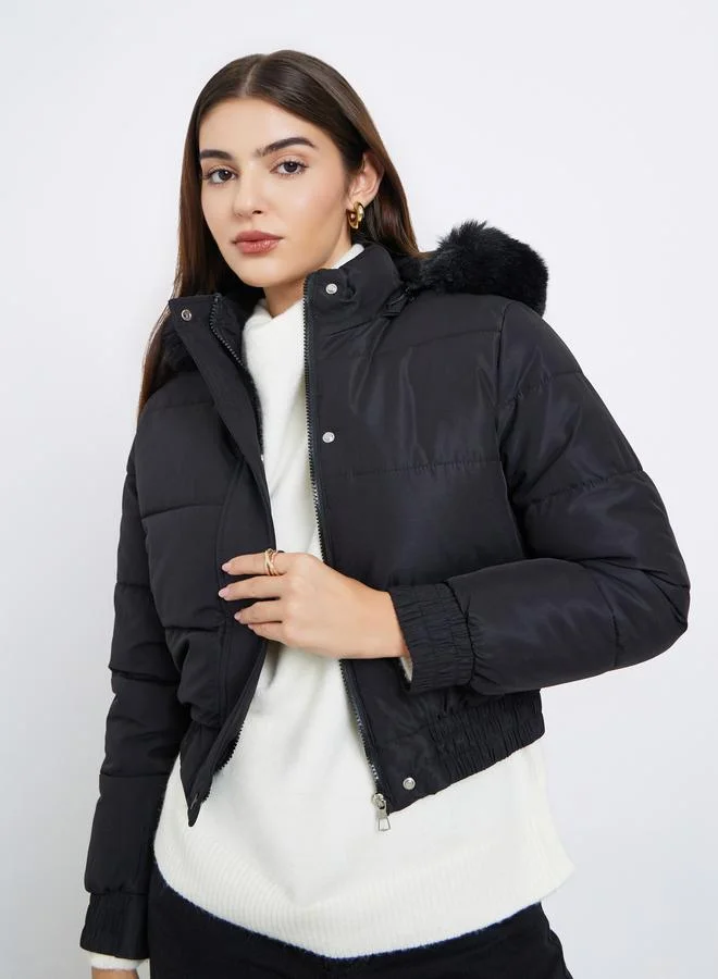 Styli Black Regular Fit Short Length Hooded Padded Jacket with Faux Fur Detail