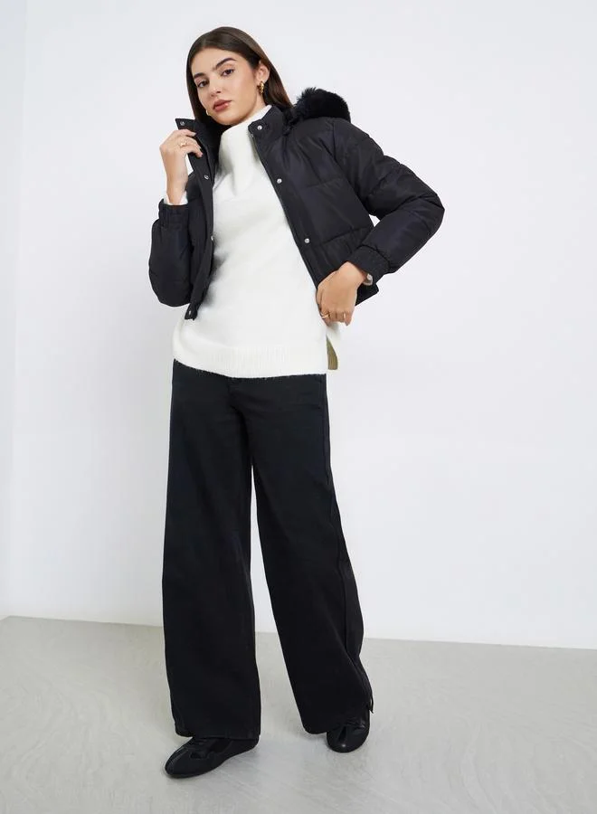 Styli Black Regular Fit Short Length Hooded Padded Jacket with Faux Fur Detail