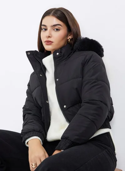 Styli Black Regular Fit Short Length Hooded Padded Jacket with Faux Fur Detail