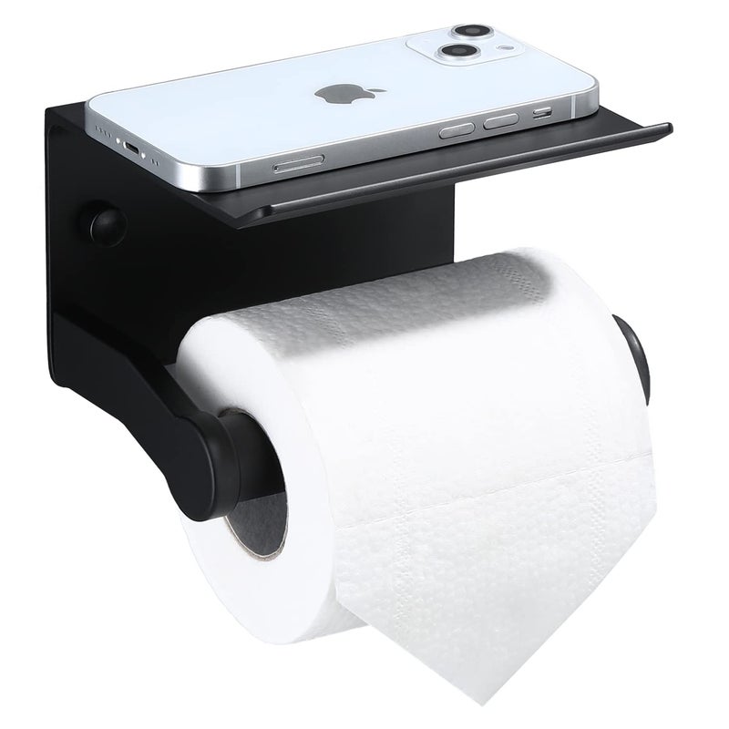 Homely Trove Smarthome Toilet Paper Holder with Phone Shelf Self Adhesive Aluminum Tissue Roll Dispenser for Mega Roll Wall Mounted Toilet Paper Roll Holder for Bathroom Matte Black 