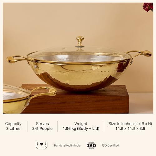 P-TAL Brass Kadhai 3L with Insulated Heat-Resistant Handle and Glass Lid | 100% Pure Brass Tin Coated Kadai for Cooking | Non-Stick and Chemical-Free (Free 30ml Copper & Brass Cleaning Solution) - Image 2