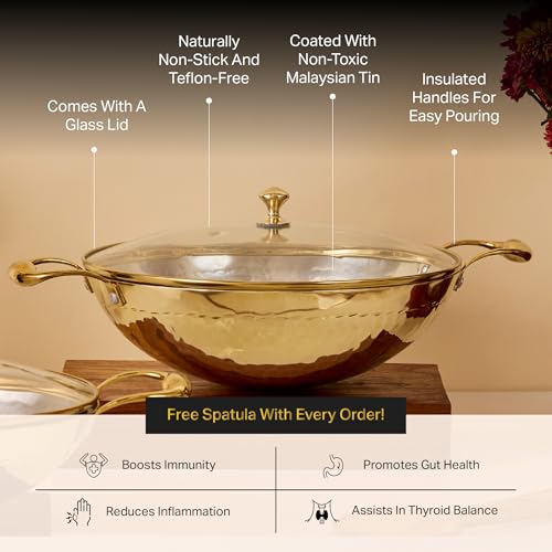 P-TAL Brass Kadhai 3L with Insulated Heat-Resistant Handle and Glass Lid | 100% Pure Brass Tin Coated Kadai for Cooking | Non-Stick and Chemical-Free (Free 30ml Copper & Brass Cleaning Solution) - Image 3