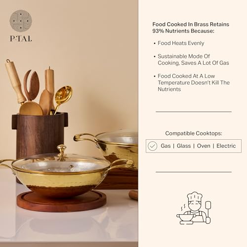P-TAL Brass Kadhai 3L with Insulated Heat-Resistant Handle and Glass Lid | 100% Pure Brass Tin Coated Kadai for Cooking | Non-Stick and Chemical-Free (Free 30ml Copper & Brass Cleaning Solution) - Image 4