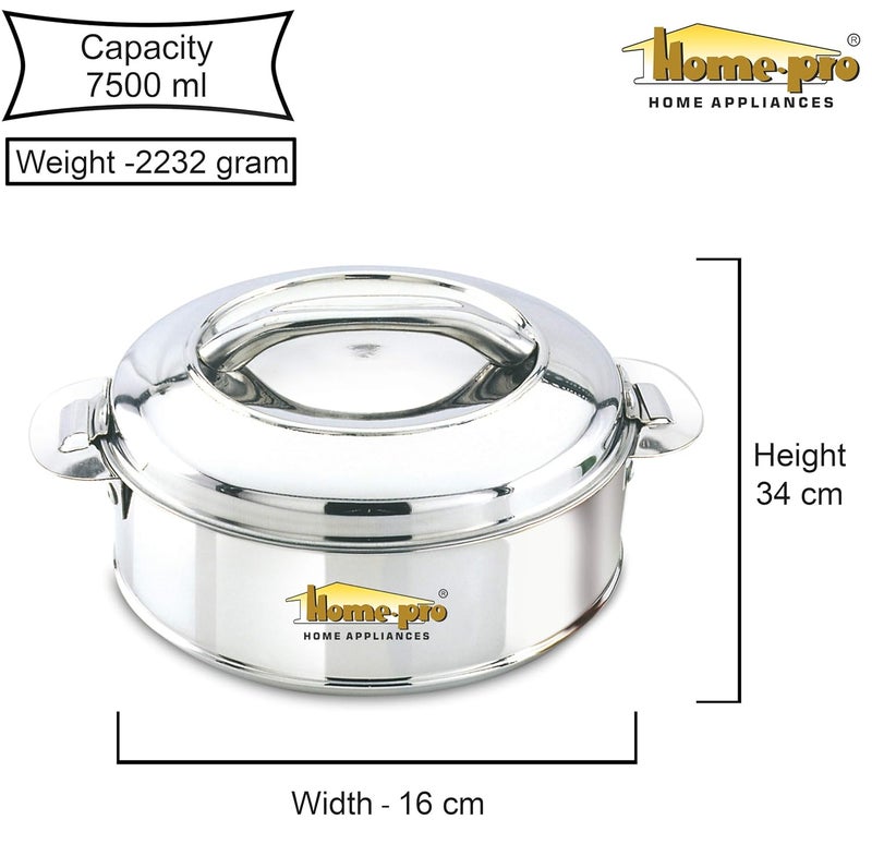Homepro Stainless Steel Classy Casserole Serving Bowl Hotpot Double Wall Insulated hot and Cold Keeps Food Fresh Food Safe 7500 ML Silver - Image 2