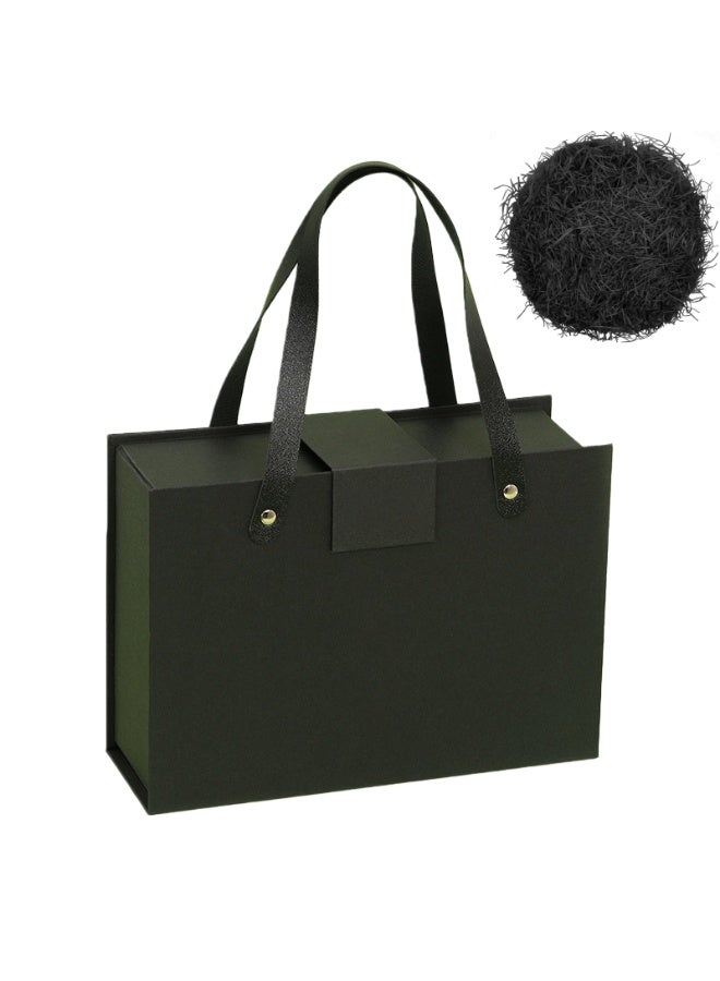 صندوق هدايا أسود - صناديق هدايا 29*22*10 سم مع أغطية ومقابض، صناديق هدايا مغناطيسية محمولة مع حشو ورق ممزق للهدايا، حفلات الزفاف، عيد الحب، الذكرى السنوية، رمضان