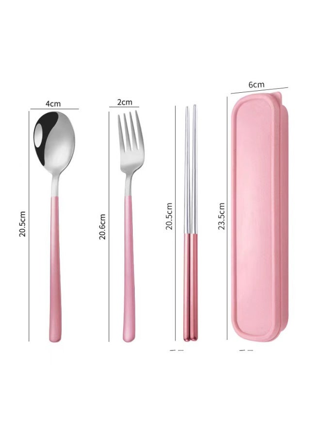 Chopsticks Spoon Suit Portable Box Tableware Children's Primary School School Special Storage Box Set Of Three To Take To Work-Specifications:Powder Silver Three-piece Set - Image 1