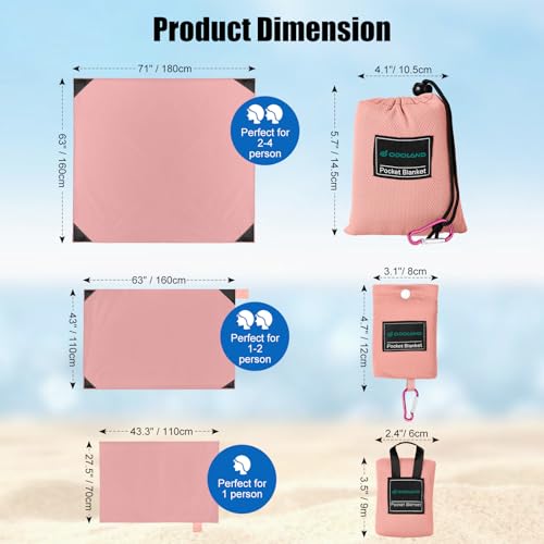 Odoland Beach Blanket Picnic Blanket, 43.3" x 27.5" SandProof Waterproof Outdoor Pocket Blanket with Portable Bag, Foldable Lightweight Sand Free Beach Mat for 1 People Hiking, Camping, Travel, Pink - Image 2