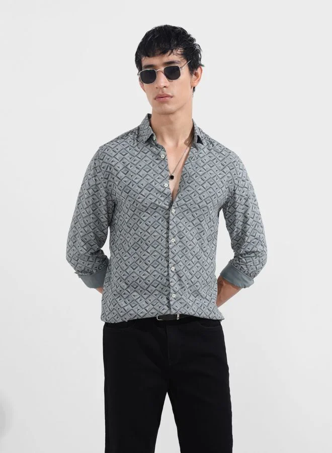 شركة المرآب الهندية Men Regular Fit Geometric Printed Cutaway Collar Full Sleeves Shirt