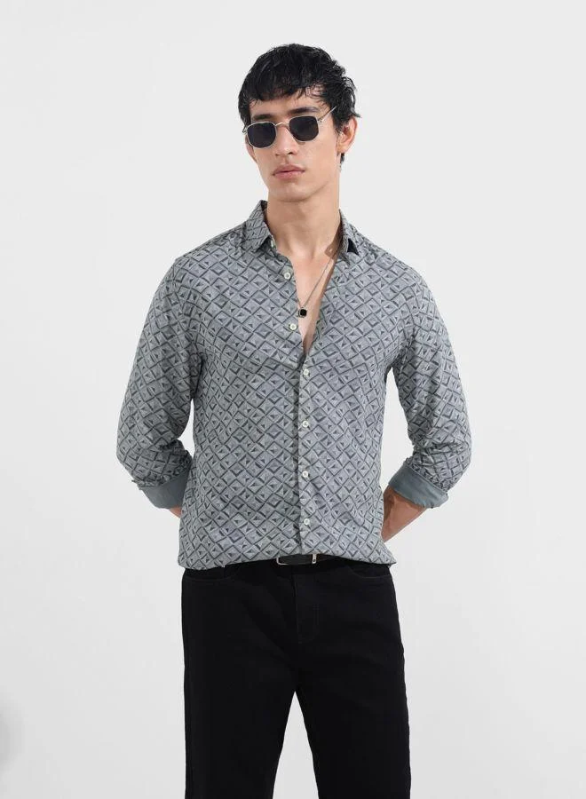 The Indian Garage Co Men Regular Fit Geometric Printed Cutaway Collar Full Sleeves Shirt