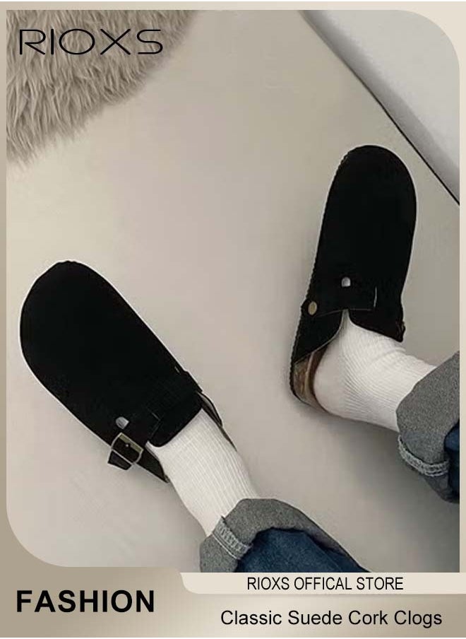 RIOXS - Unisex Suede Clogs,Premium Suede Leather Clogs Sandals For Women And Men,Anti-Slip Flat Mules,Classic Slip-On Closed Toe Slippers,Clogs With  Arch Support And Adjustable Buckle,Casual Clogs For Indoors Outdoor Activities - Image 1