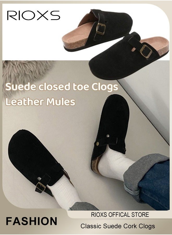 RIOXS - Unisex Suede Clogs,Premium Suede Leather Clogs Sandals For Women And Men,Anti-Slip Flat Mules,Classic Slip-On Closed Toe Slippers,Clogs With  Arch Support And Adjustable Buckle,Casual Clogs For Indoors Outdoor Activities - Image 1