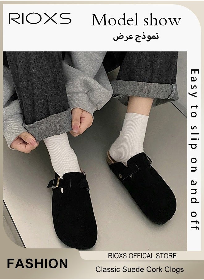 RIOXS - Unisex Suede Clogs,Premium Suede Leather Clogs Sandals For Women And Men,Anti-Slip Flat Mules,Classic Slip-On Closed Toe Slippers,Clogs With  Arch Support And Adjustable Buckle,Casual Clogs For Indoors Outdoor Activities - Image 1