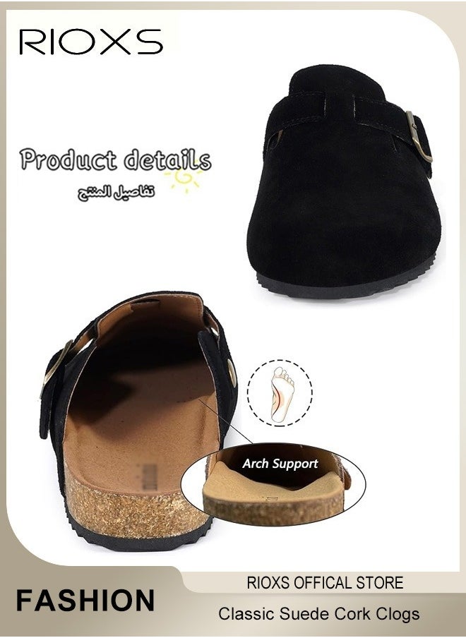 RIOXS - Unisex Suede Clogs,Premium Suede Leather Clogs Sandals For Women And Men,Anti-Slip Flat Mules,Classic Slip-On Closed Toe Slippers,Clogs With  Arch Support And Adjustable Buckle,Casual Clogs For Indoors Outdoor Activities - Image 1