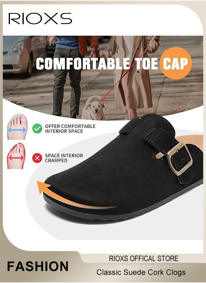 RIOXS - Unisex Suede Clogs,Premium Suede Leather Clogs Sandals For Women And Men,Anti-Slip Flat Mules,Classic Slip-On Closed Toe Slippers,Clogs With  Arch Support And Adjustable Buckle,Casual Clogs For Indoors Outdoor Activities - Image 1