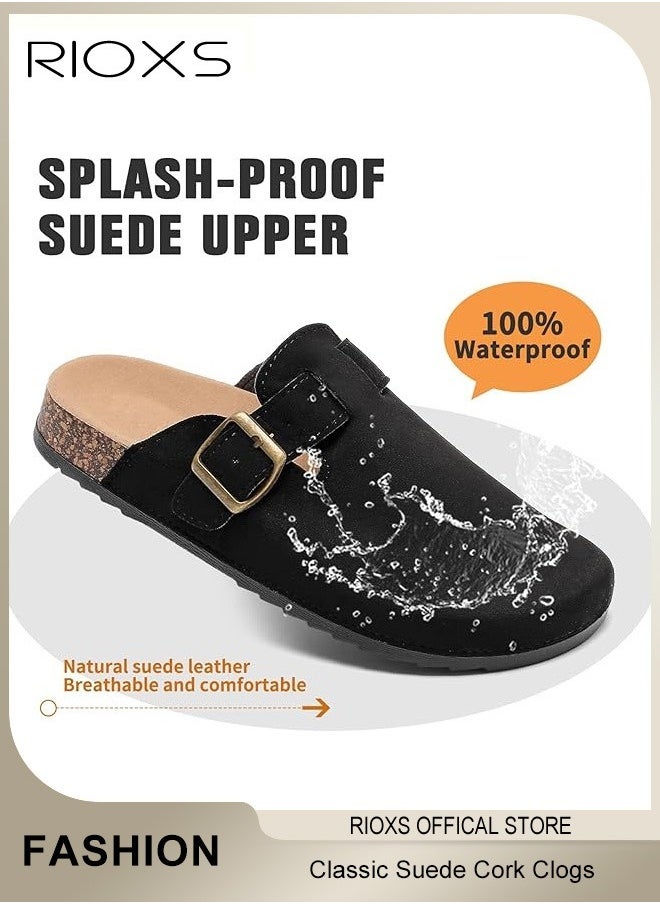 RIOXS - Unisex Suede Clogs,Premium Suede Leather Clogs Sandals For Women And Men,Anti-Slip Flat Mules,Classic Slip-On Closed Toe Slippers,Clogs With  Arch Support And Adjustable Buckle,Casual Clogs For Indoors Outdoor Activities - Image 1