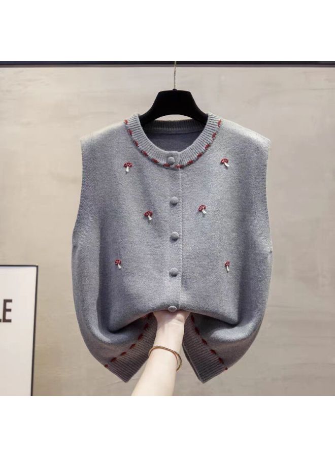 Korean-style Mushroom Embroidery Knitted Vest Cardigan Women's Autumn New Loose Versatile Sweater Sleeveless Top Trendy