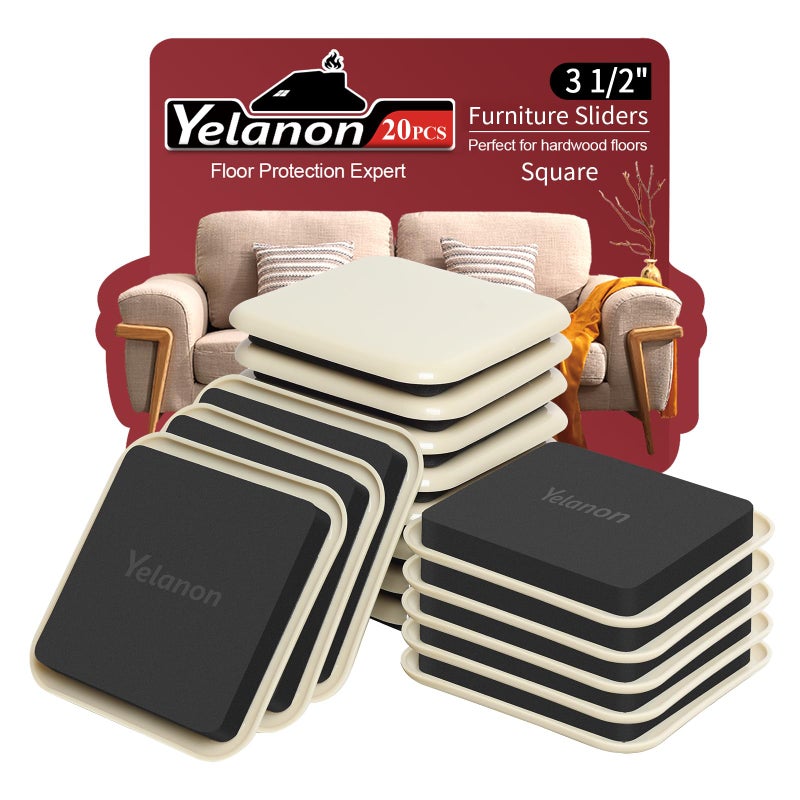 Yelanon Furniture Sliders, 20 pcs-3 1/2â€ Square Beige Furniture Sliders for Carpet, Furniture Pads for Hardwoods Floorsï¼ŒFurniture Movers Sliders, Reusable Moving Pads, Floor Protectors for Carpet - Image 1