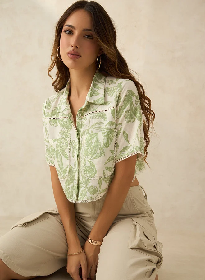 VIRGIO Linen Cropped Boxy Fit Lace Shirt