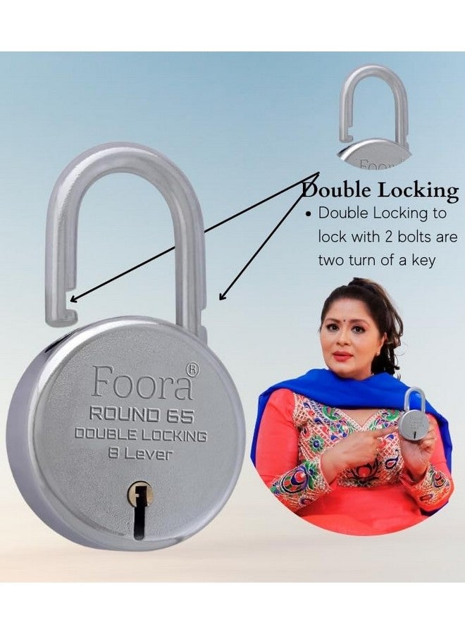 Foora Round 65mm Lock and Keys -Heavy Duty Shackle Padlock for Home, Gate, and Shutter - Metal Body, Double Locking 8 Steel Lever with 5 Silver Keys - Silver Finish, Made in India, Pack of 2 - Image 2
