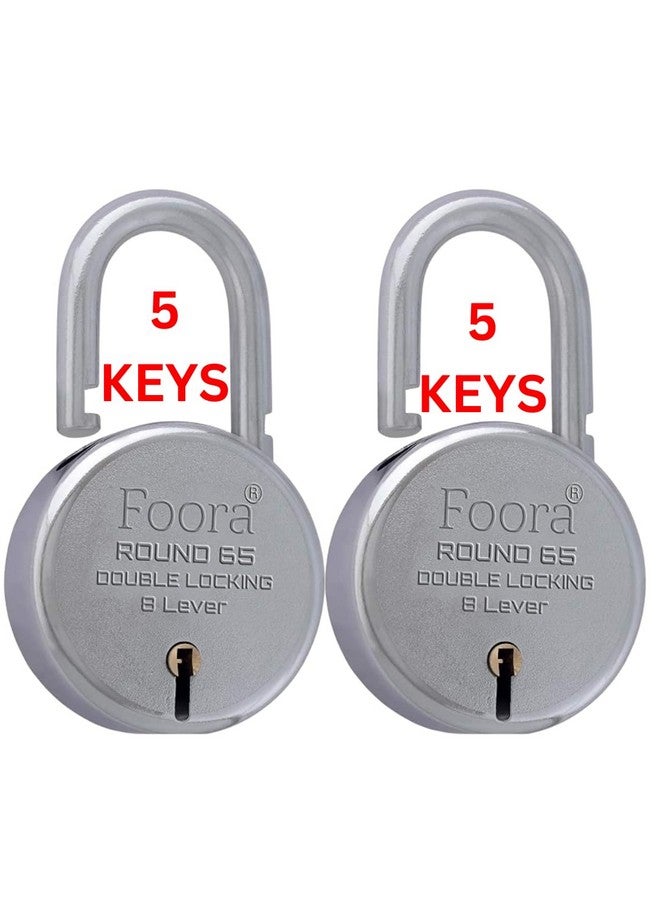 Foora Round 65mm Lock and Keys -Heavy Duty Shackle Padlock for Home, Gate, and Shutter - Metal Body, Double Locking 8 Steel Lever with 5 Silver Keys - Silver Finish, Made in India, Pack of 2 - Image 1