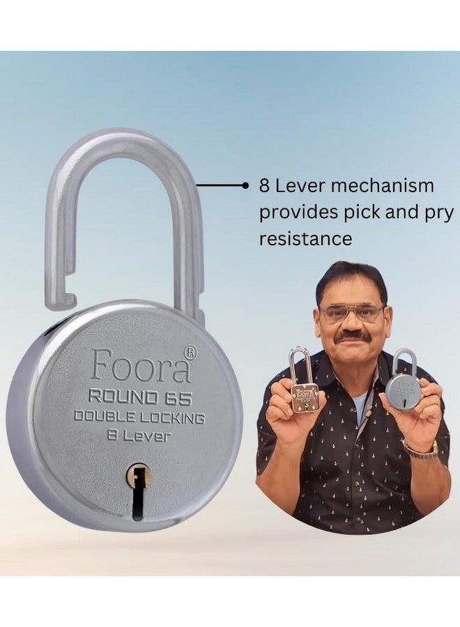 Foora Round 65mm Lock and Keys -Heavy Duty Shackle Padlock for Home, Gate, and Shutter - Metal Body, Double Locking 8 Steel Lever with 5 Silver Keys - Silver Finish, Made in India, Pack of 2 - Image 4
