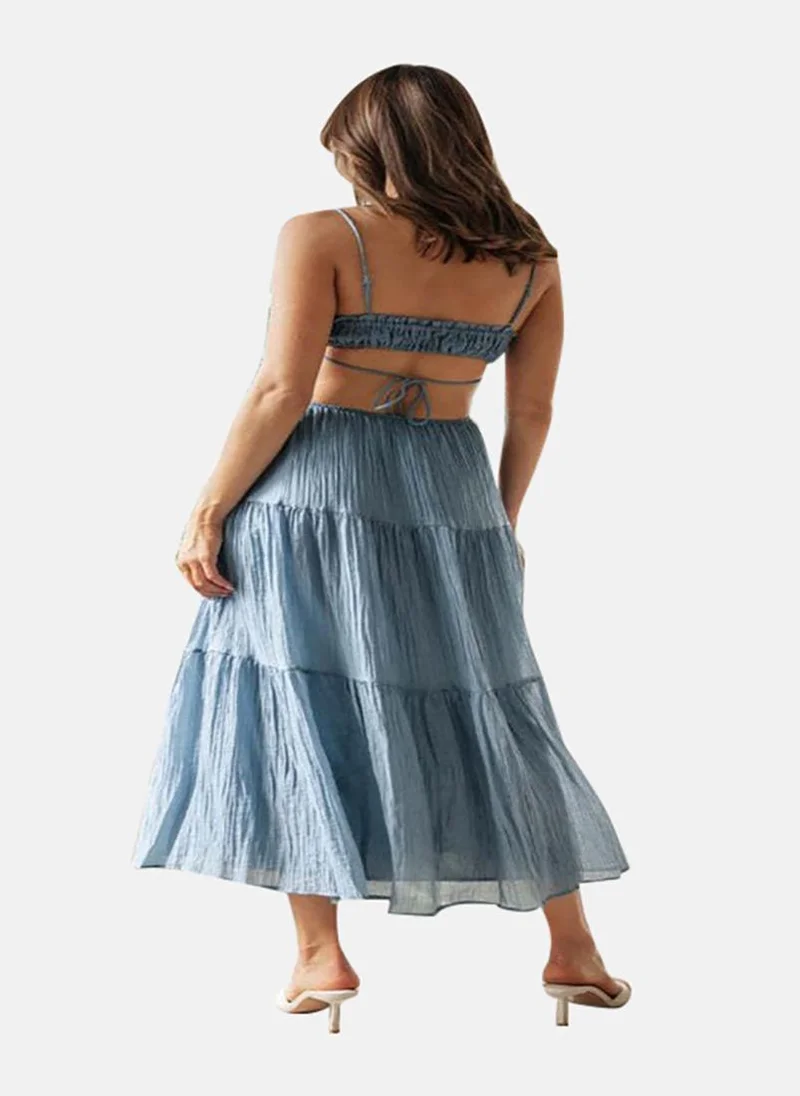 يونيكي Blue Shoulder Straps Chiffon A-Line Dress