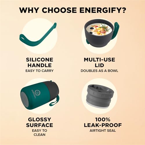 ENERGIFY Vacuum Insulated Food Jar. Large 17oz Bowl incl. Folding Spoon, Cup. Wide Mouth Keep Hot & Cold Drinks Soup Lunch Container for Adults. BPA-Free Stainless Steel, Leak Proof Olive Green - Image 5