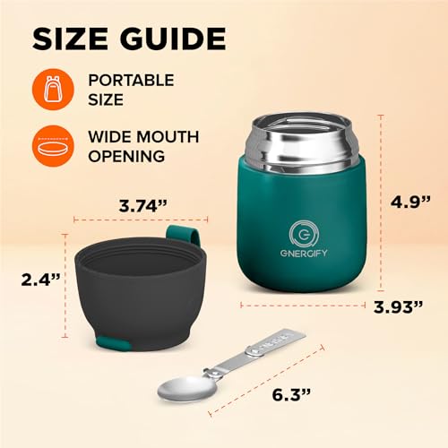ENERGIFY Vacuum Insulated Food Jar. Large 17oz Bowl incl. Folding Spoon, Cup. Wide Mouth Keep Hot & Cold Drinks Soup Lunch Container for Adults. BPA-Free Stainless Steel, Leak Proof Olive Green - Image 4