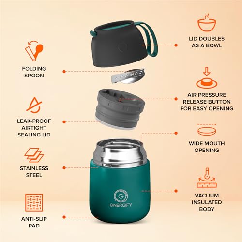 ENERGIFY Vacuum Insulated Food Jar. Large 17oz Bowl incl. Folding Spoon, Cup. Wide Mouth Keep Hot & Cold Drinks Soup Lunch Container for Adults. BPA-Free Stainless Steel, Leak Proof Olive Green - Image 2